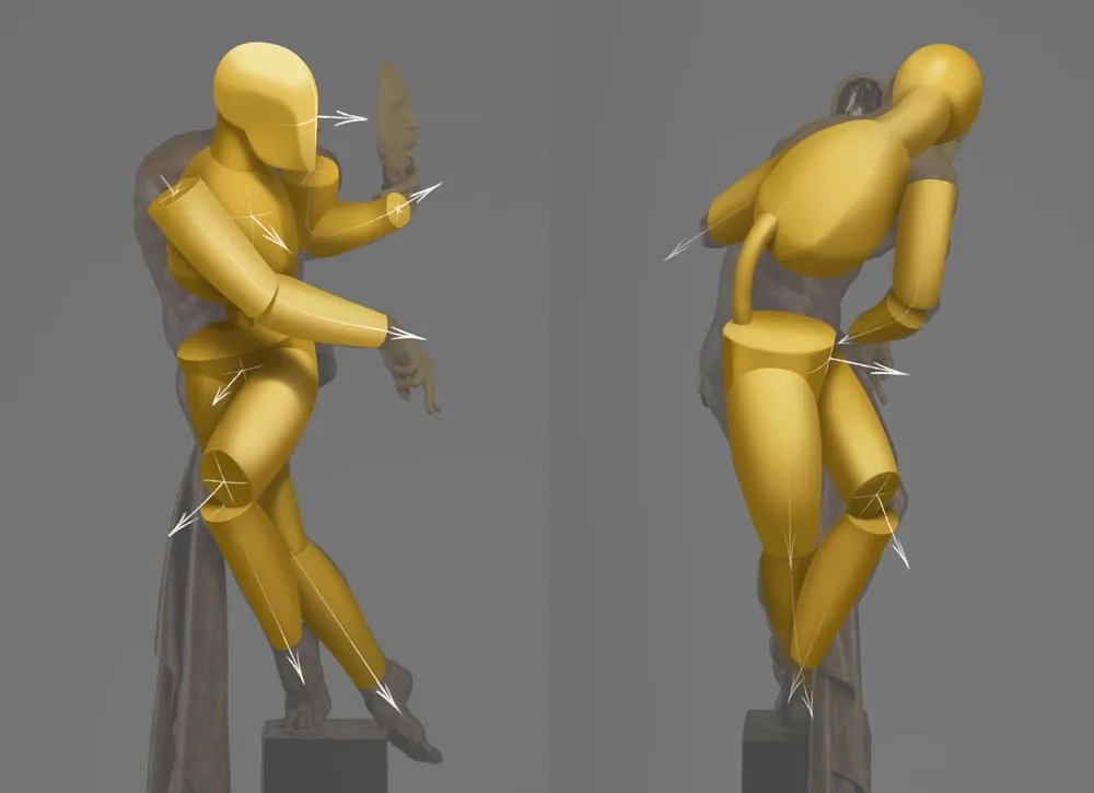 We highlight the main thing: arms and legs - cylinders, chest - egg, head - a combination of a sphere and a cube, pelvis - a quadrangular cylinder