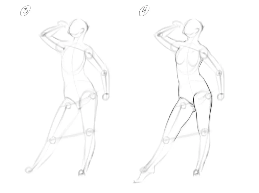 We begin to connect the parts of the body with lines and to increase the mass of the arms and legs