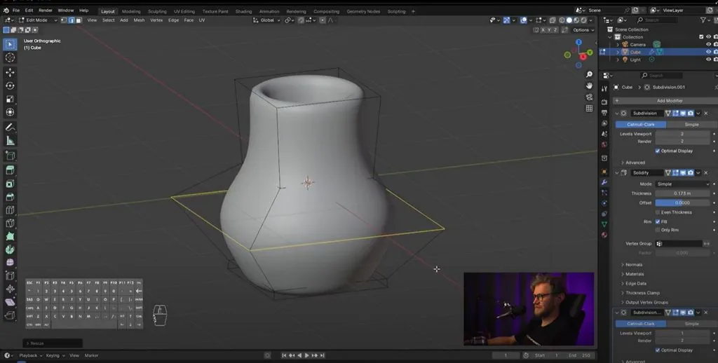 With ctrl r we add another edge loop, enlarge it to make the jug plumper