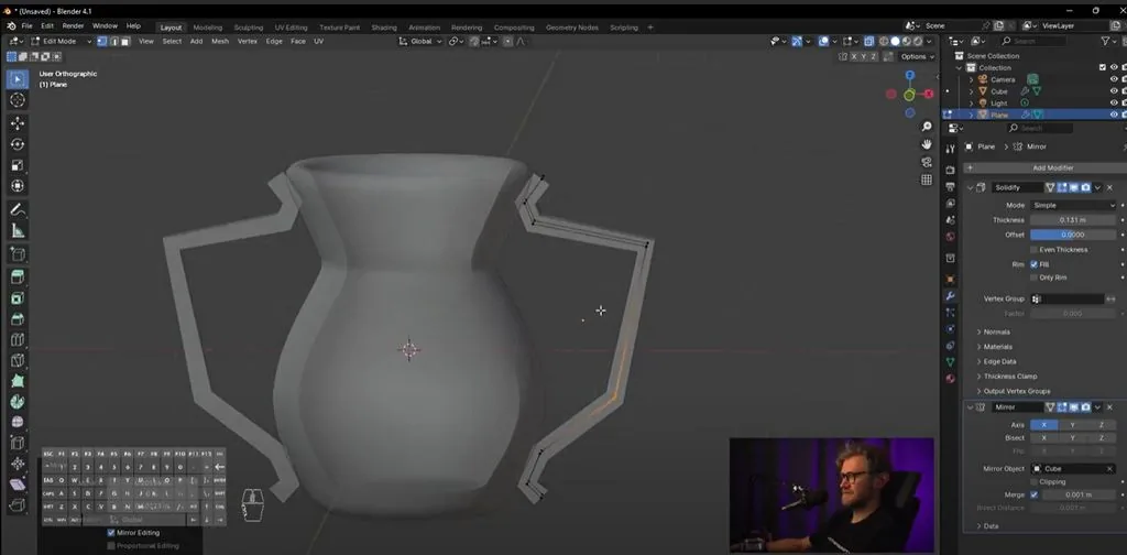 We also add a mirror modifier, you can see that along the X axis
