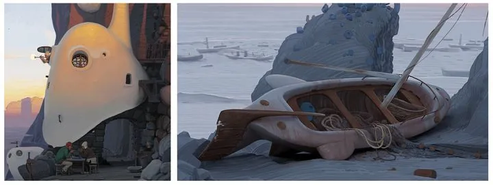 Concept art by artist Andrey Surnov for the Jusant game and the final appearance of objects in the game