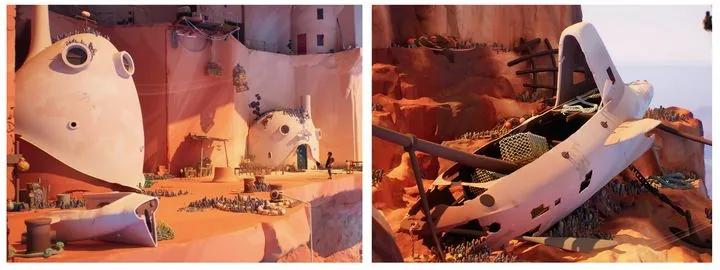 Concept art by artist Andrey Surnov for the Jusant game and the final appearance of objects in the game