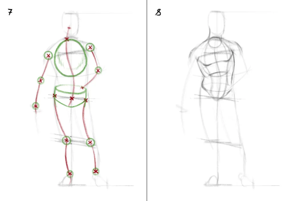 On a new layer or on tracing paper, we mark the S-shaped curvature of the spine, the lines of the construction of the arms and legs