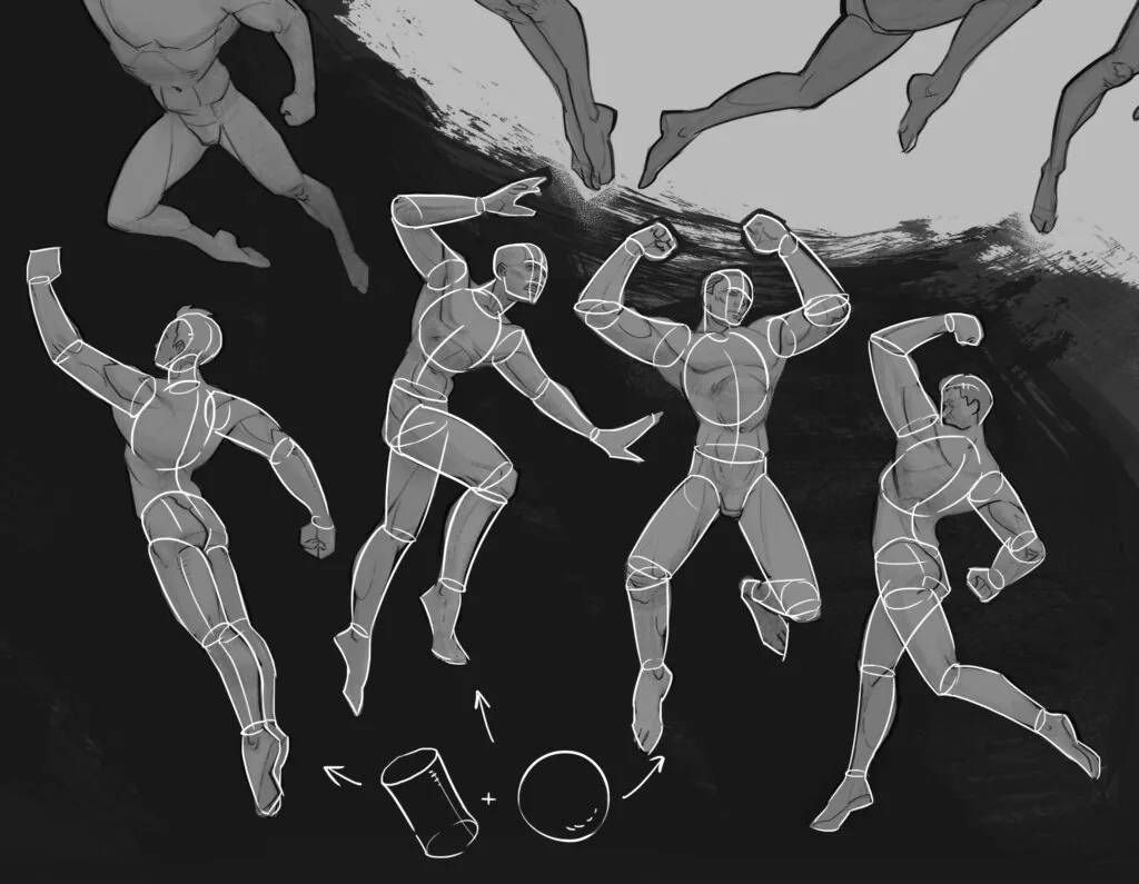 Start drawing the figure with simple skeletal structures or with geometric shapes
