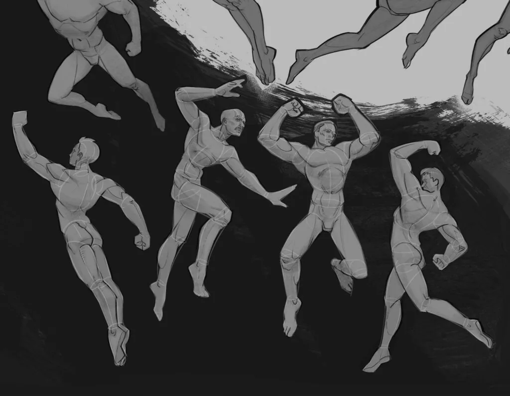 After this stage, clarify the lines of the figure's silhouette and details of the muscle mass