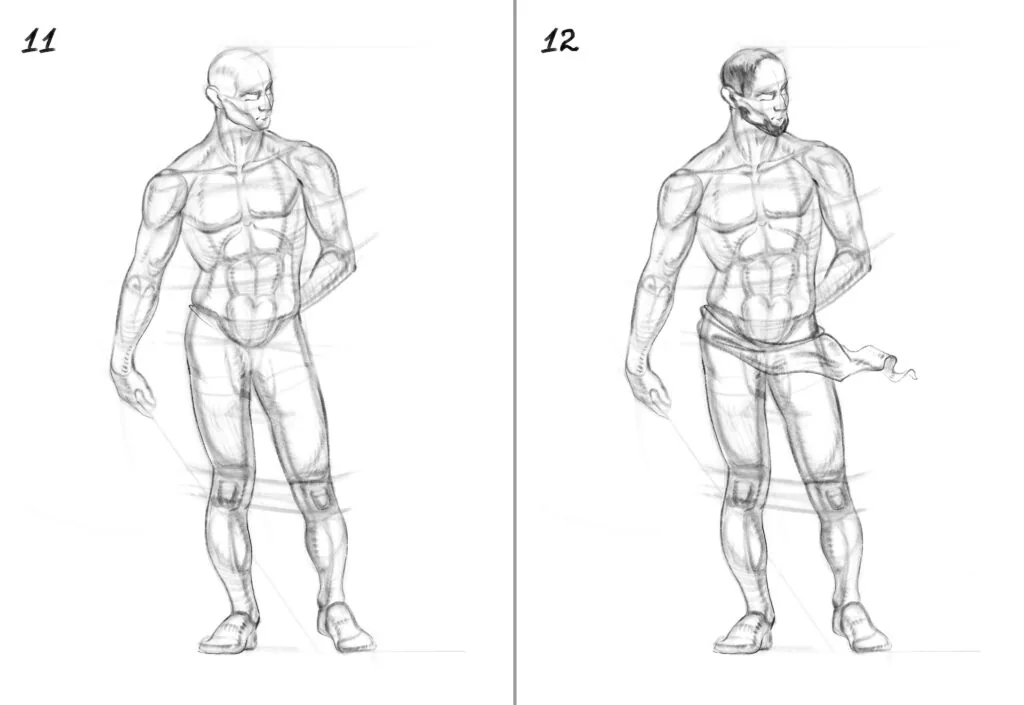 We draw the edges of the muscles with light turning strokes. We clarify the contour of the silhouette.