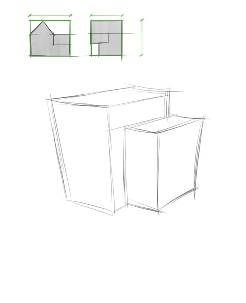 Now that we know the proportions of the dimensions, we should outline the drawing of a parallelepiped