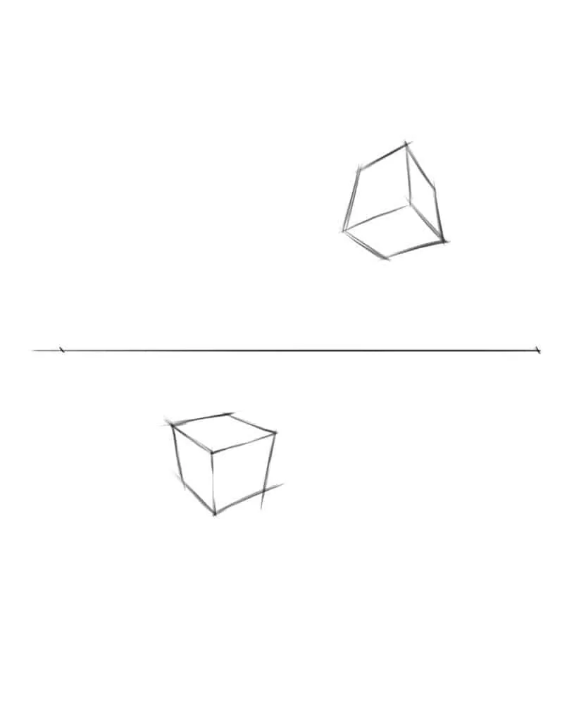 Having found the center of the plane, we extend the segments under and above the planes vertically