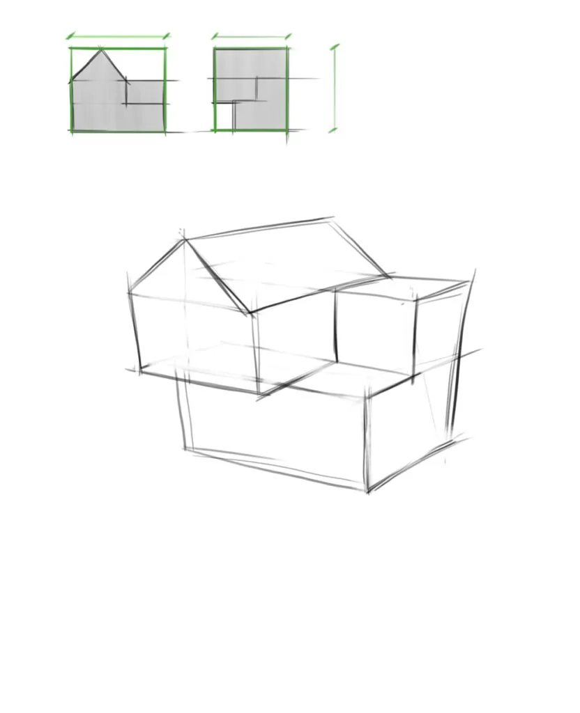 Focus on the projections of the house from the front and side