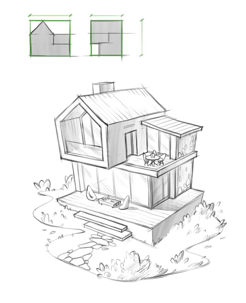 Next, more exterior elements are added to our drawing