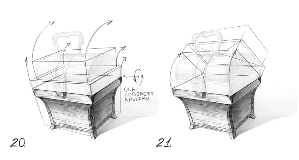 We lift both volumes and draw 2 parallelepipeds at an angle