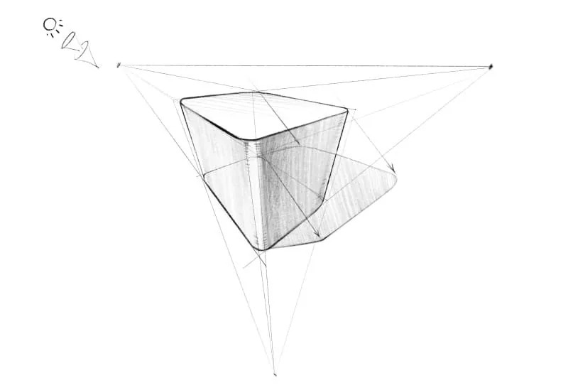 With light strokes, draw lines of rays through the corners of the cube and mark the shadow of the object on the surface