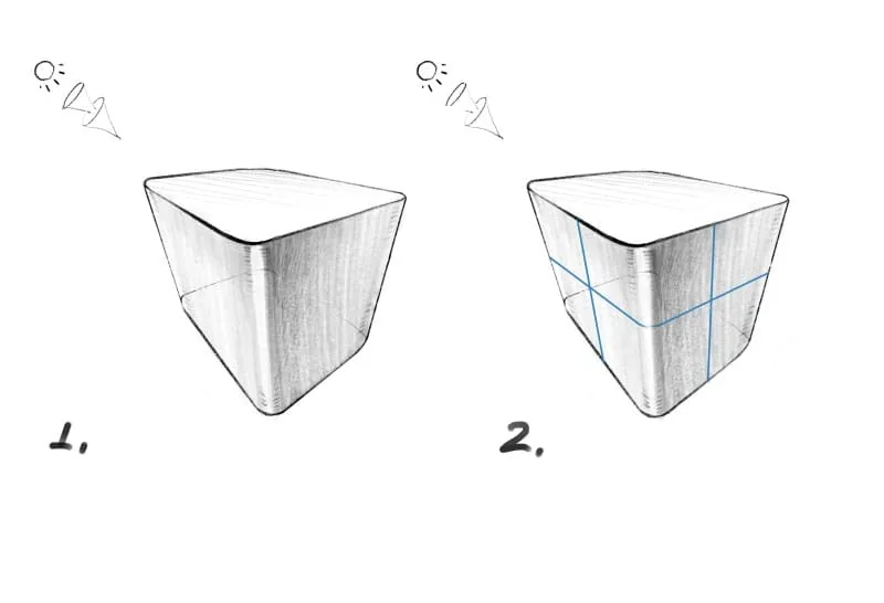 We will draw axes along the vertical faces of the cube to find the centers of the faces