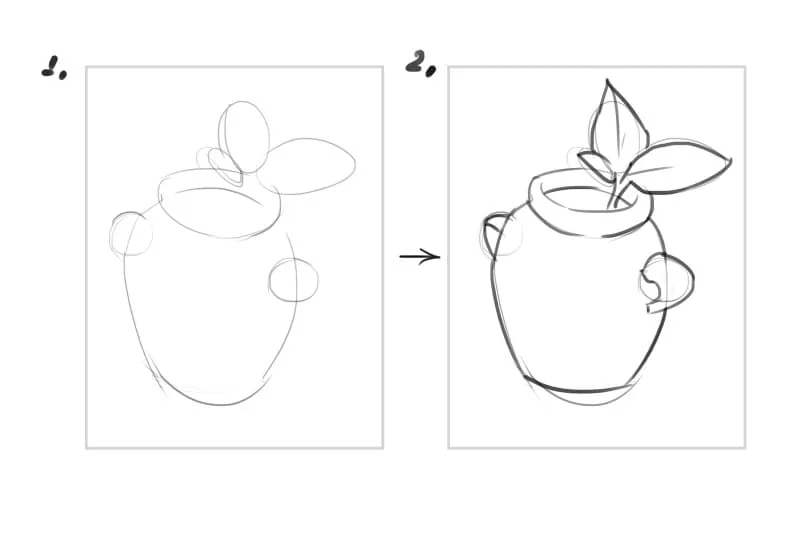 More detailed drawing of the pot, handles, neck, leaves