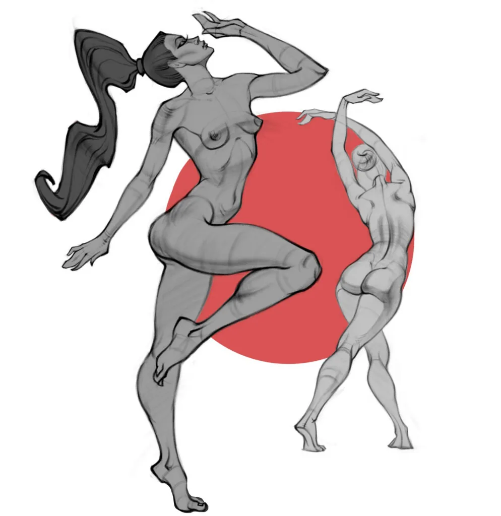 Girls against a red circle are made in a stylized manner