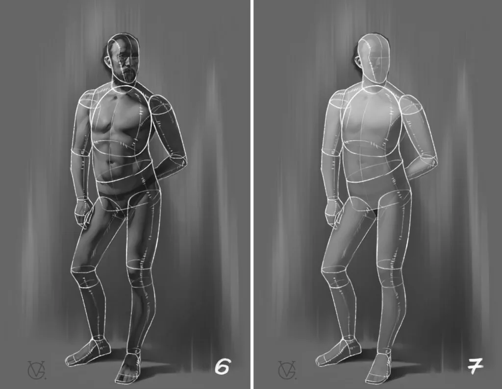 The lower extremities are similar to the arms, divide them into three cylindrical sections