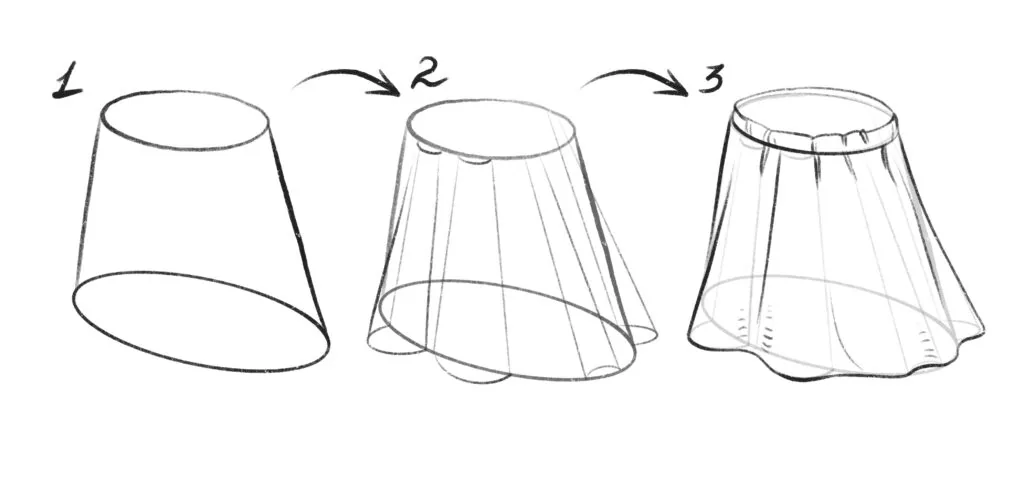 Let's draw a skirt. First, we draw a truncated cone with light strokes