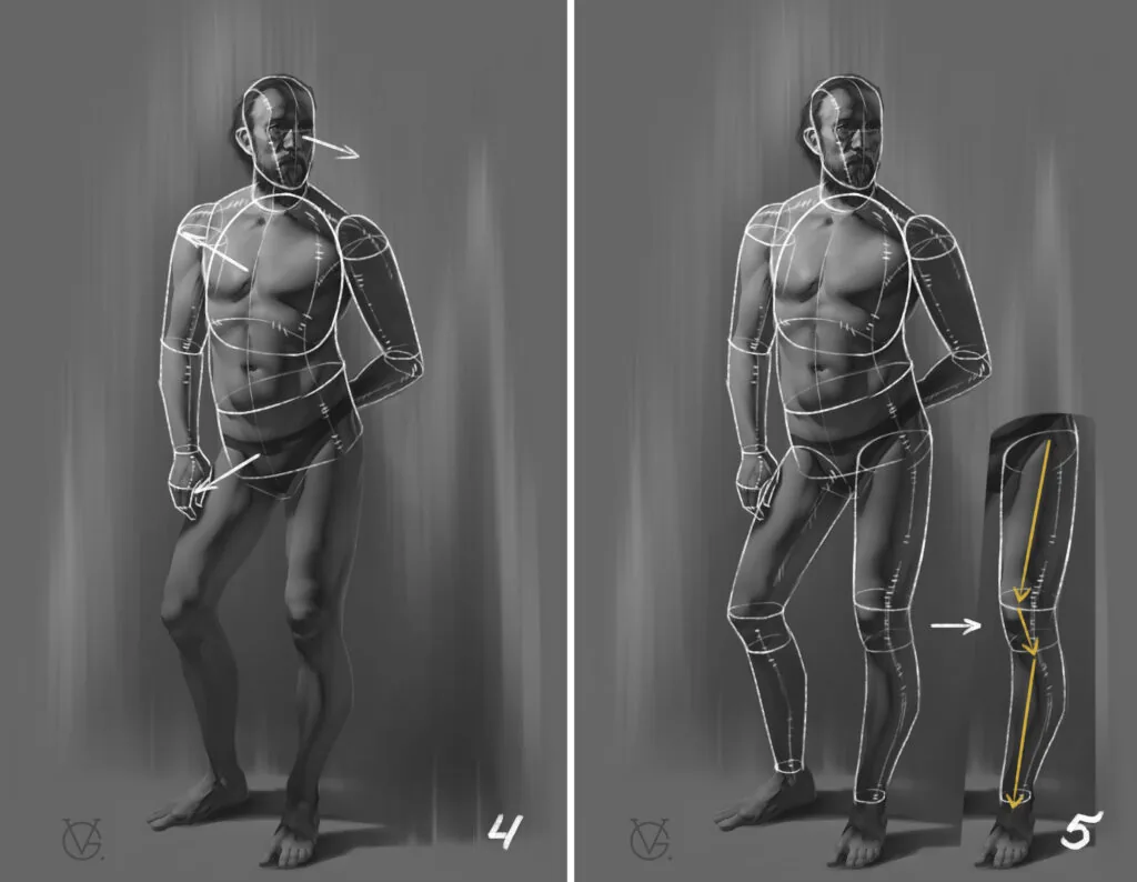 Draw figures with bases to understand the tilt of the arms