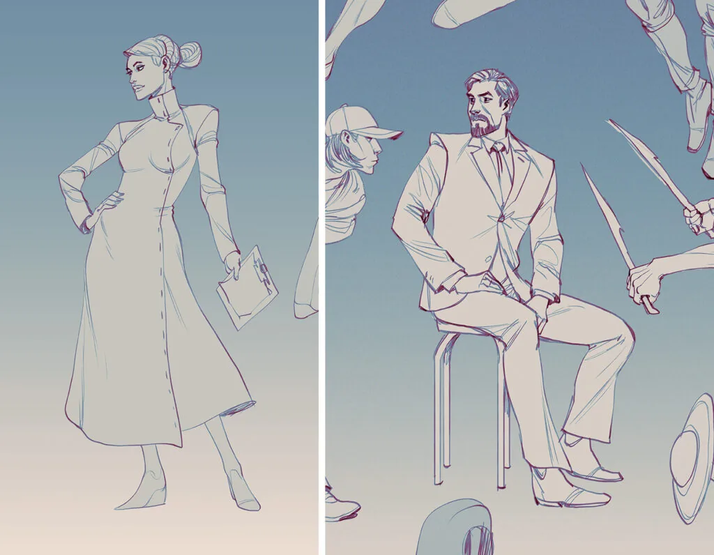 On Matt Rhodes' sketches, the folds on the clothes are indicated with simple strokes and only in some places with dark fill.