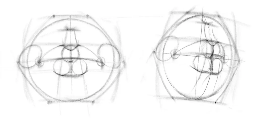 At the top of the circle, between the corners of the lips, we bend the rounded hollow of the philtrum
