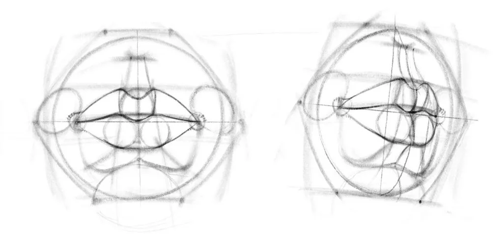 We close the line of the lower lip from the corner of the lip curve to the corners of the mouth