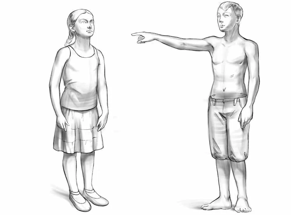 With arc-shaped strokes, shading the young man's shorts and the legs of both characters