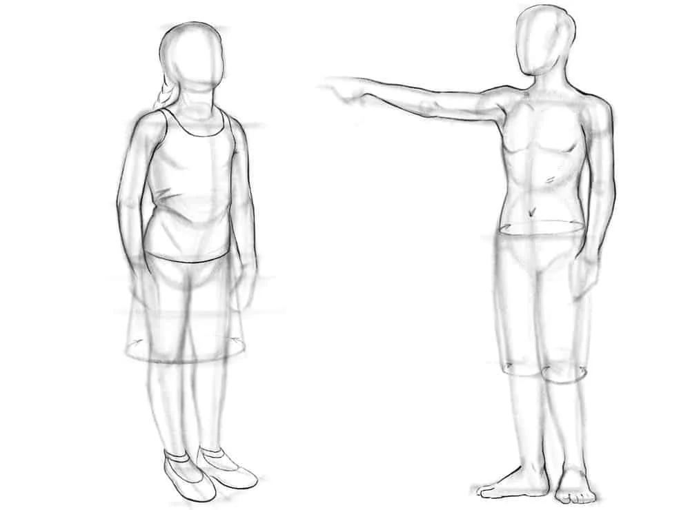 For the young man, marking the toes with dashes and drawing a clear outer contour of the feet