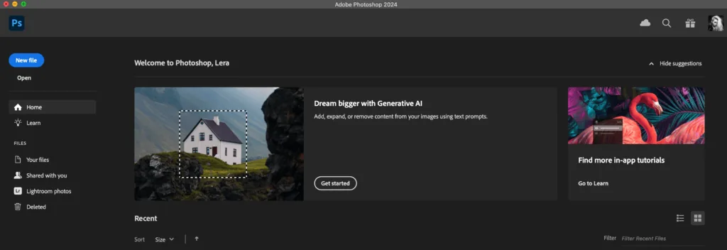 So, you have installed the program. (I have a licensed version of 2024) In the Home tab, you can see a gallery of your recent works. In the Your files tab, you can see pictures that you save to the cloud