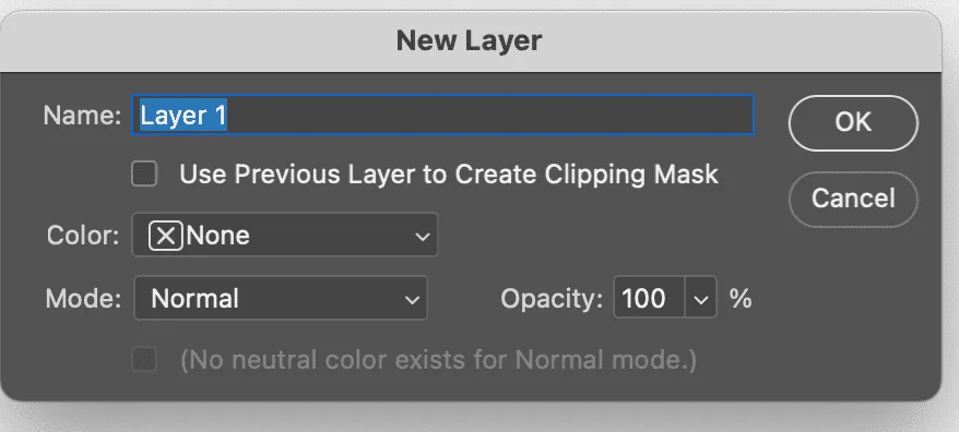 We open a window like this where we can wait for the layer name, change the mode of overlay and transparency of the layer — if required.