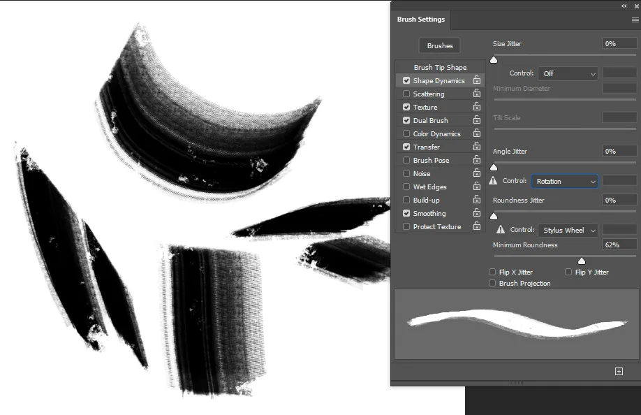 you can adjust the rotation of the brush sample along the pen movement