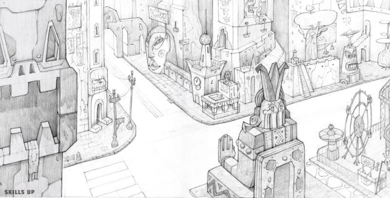 The urban fantasy landscape was created using the rule of thirds. The main elements are distributed along the axes of the «tic-tac-toe» grid. And the buildings closest to us have a more noticeable stroke and a pronounced line of the silhouette. Course: Drawing. Author: Alexandra Khorosheva.