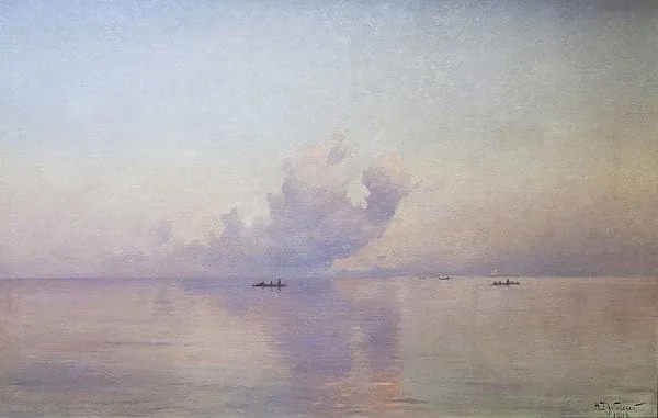 The color scheme of the marine landscape was created by Nikolai Dubovsky from gentle adjacent colors. We see many nuanced shades of blue, blue and lilac.