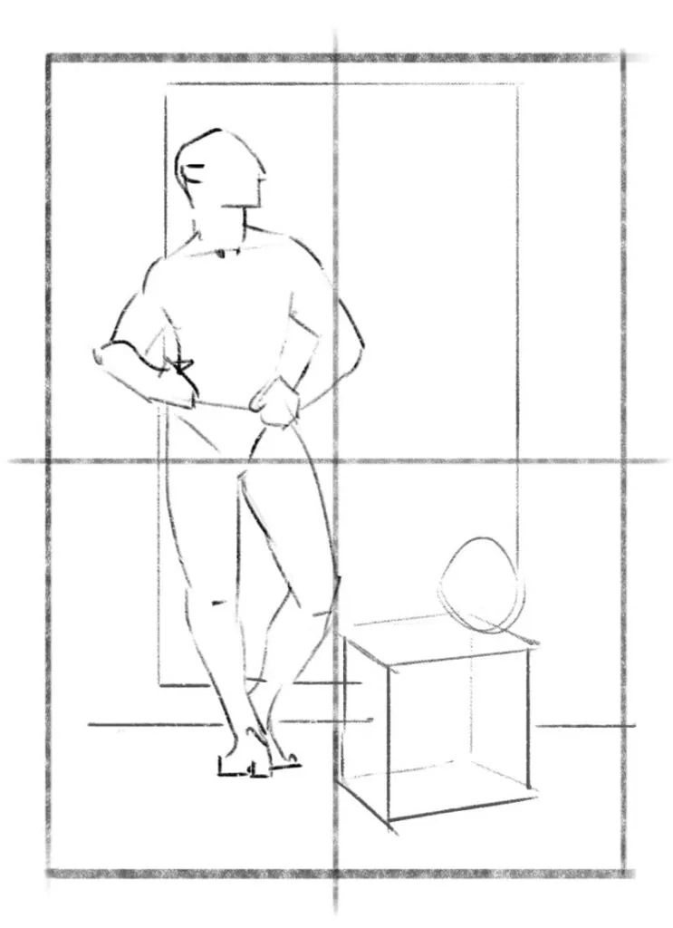 The diagram shows a static composition, the person is located in the left half of the sheet, and the cube and the ball balance the composition on the right. In the central drawing, all attention is given to the figure, it is large in relation to the sheet format, and the background is simple. On the right, the background is more complex and interacts with the hand as its continuation. As if the hand launched a wave. Author: Azat Nurgaleev.