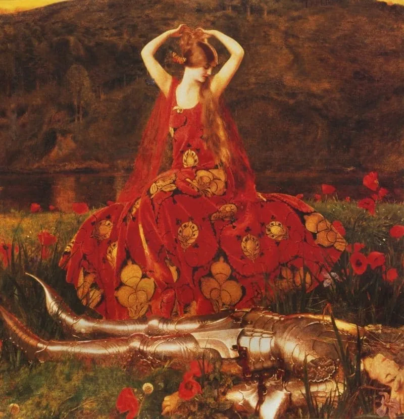 At first glance at the canvas, we see a beautiful girl in a red dress on a poppy field. Upon more prolonged examination, we notice a sleeping or killed one. The meaning of red changes from passionate to dangerous, tense. No wonder the work is called “Ruthless Beauty”. author: Frank Cadogan Cowper.