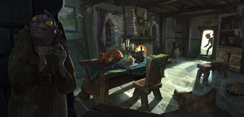 We see several techniques in the illustration: color contrast, support of the environment, highlighting with a silhouette and light. There is a feeling of the composition's striving towards the center and to the right, the rhythm of the lines of shadows, the perspective reduction of the room is directed at the incoming character. Authors: Azat Nurgaleev, Rinat Khabirov, Elizaveta Parfenova.