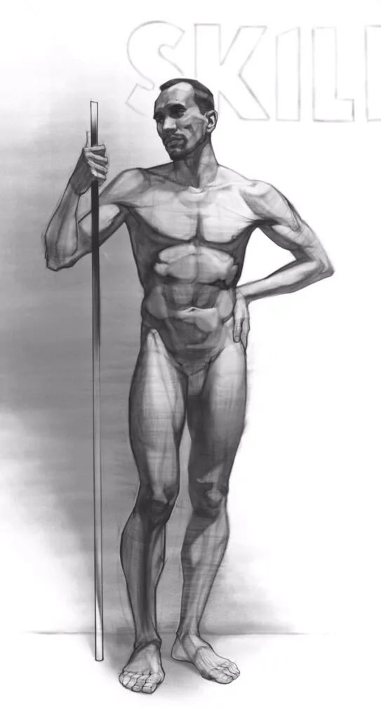 The diagram shows a static composition, the person is located in the left half of the sheet, and the cube and the ball balance the composition on the right. In the central drawing, all attention is given to the figure, it is large in relation to the sheet format, and the background is simple. On the right, the background is more complex and interacts with the hand as its continuation. As if the hand launched a wave. Author: Azat Nurgaleev.