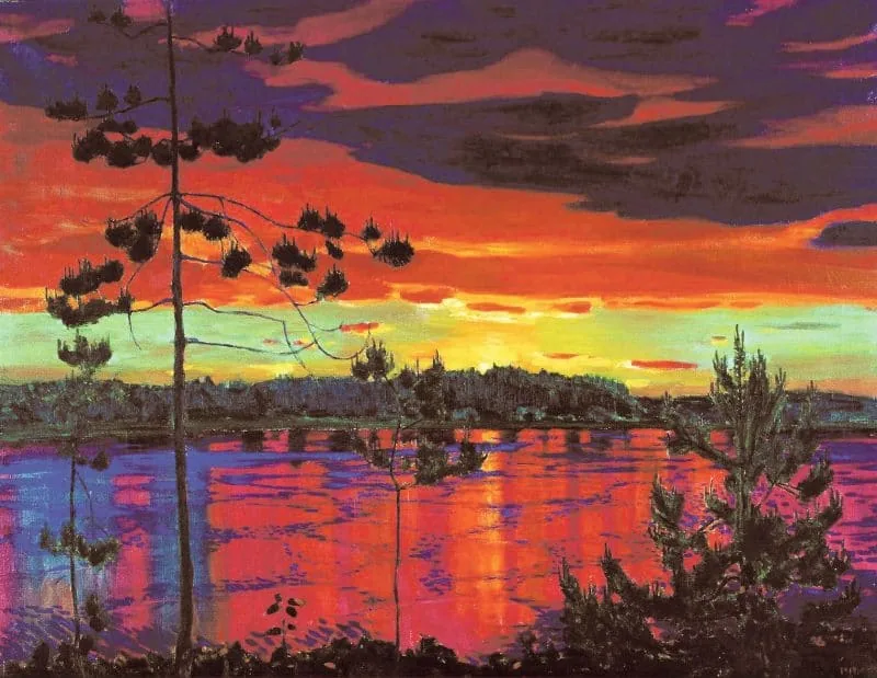 Arkady Rylov's sunset landscape is bright and saturated, but the colors are chosen according to the principle of complementarity. Blue corresponds to orange color according to the color circle. The artist uses their related combinations.