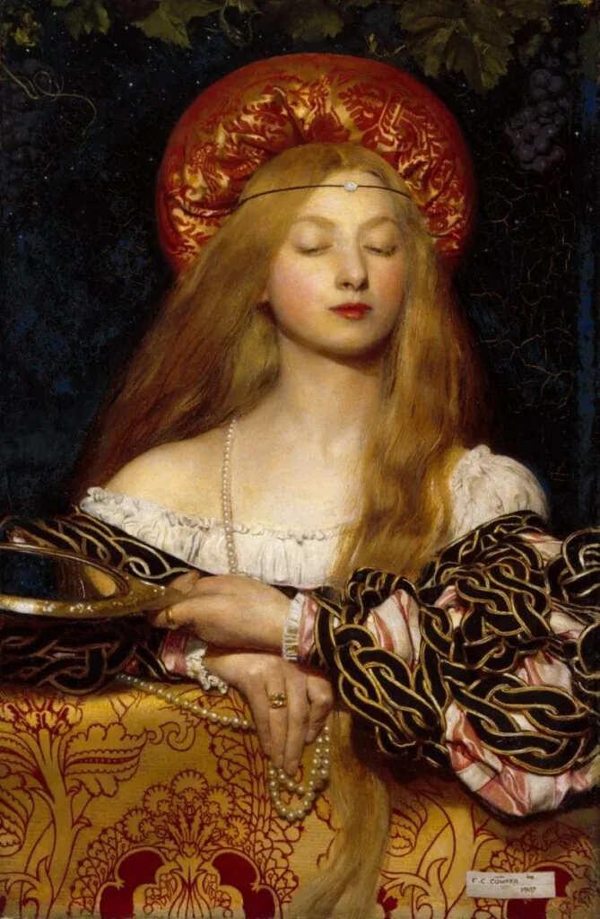 On this canvas there is hidden dynamics. In a symmetrical composition there are asymmetrical details and inclined lines (curls fall in different directions, the right elbow is lowered lower than the left, the face is slightly turned to the right, and the gaze is down to the left). «Vanity», Frank Cadogan Cowper.