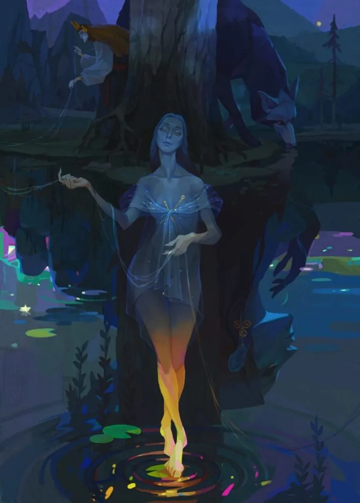 Characters of different scales are surrounded by a huge amount of space compared to them. There is much more water than shore, and microscopic details are noticeable on its surface: water lily leaves, algae, glints. All together creates a whirl of events that draws us into the plot, we want to study the illustration. Author: Elizaveta Parfenova.