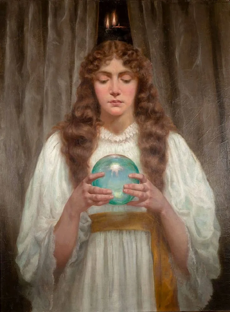 On Legh Mulhall Kilpin's work “Crystal Ball” we see a symmetrical composition, the girl is stably located on the canvas, without movement. We look only at her in a frozen moment.