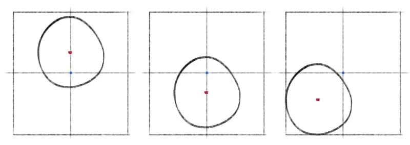 These are examples of unstable composition. It looks losing. The circle rose too high. It is difficult for us to concentrate our gaze on it. The circle dropped down too much. There is a feeling of heaviness, as if the background is pressing on it from above. The circle fell down and touched the edges of the sheet. You should not place the main object at the edge or cut it with the edges.