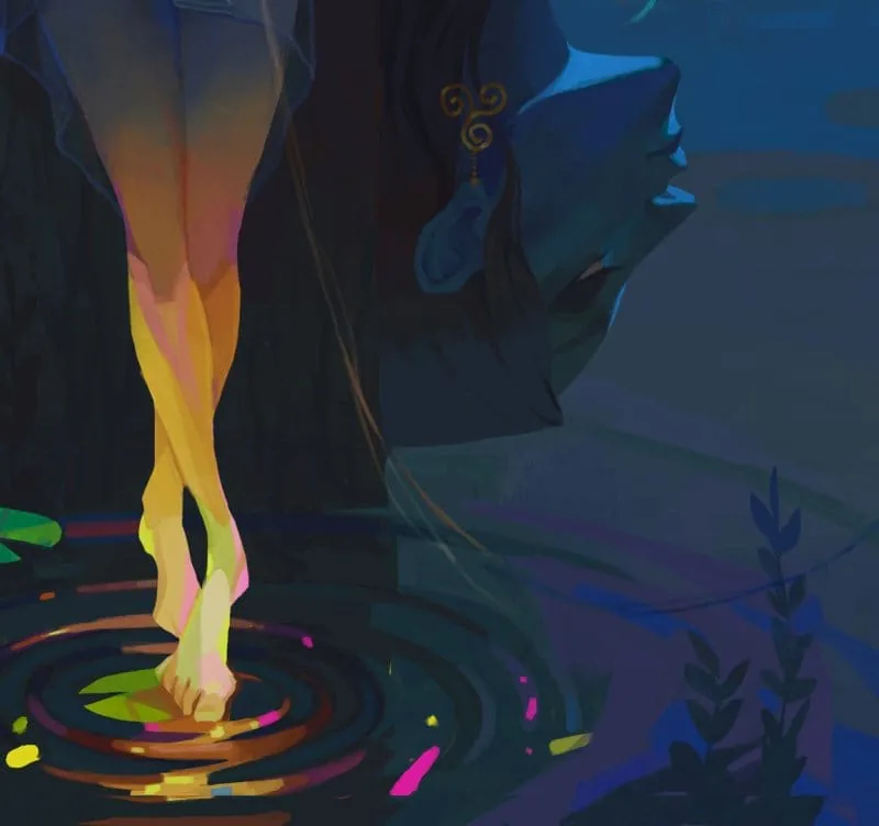 Characters of different scales are surrounded by a huge amount of space compared to them. There is much more water than shore, and microscopic details are noticeable on its surface: water lily leaves, algae, glints. All together creates a whirl of events that draws us into the plot, we want to study the illustration. Author: Elizaveta Parfenova.