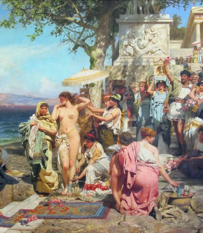 Both examples illustrate well the harmony of characters, environment, objects among each other. The composition is whole, not fractional. Heinrich Semiradsky, fragment of the painting «Phryne at the Poseidon Festival in Eleusis». Concept on the right - author Nikolai Andreychenko, High 2D Graphics course.