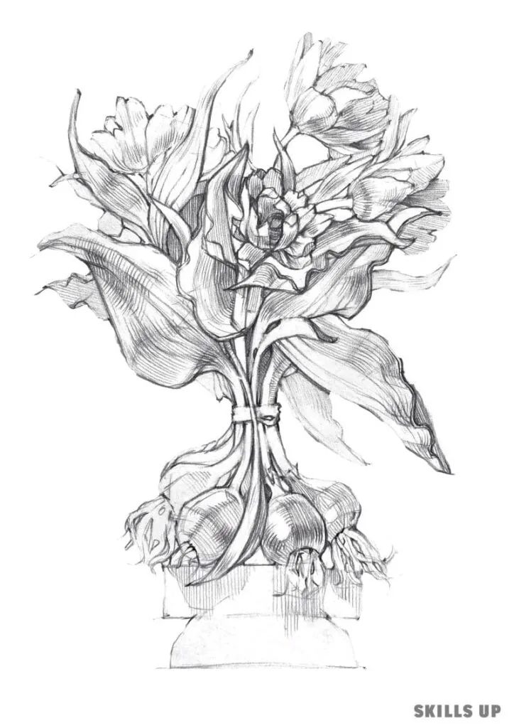 In the sketch of a bunch of tulips, leaves and roots with fatter strokes and an active boundary line come to the fore in the foreground. The composition is simple, centered along the axes, all attention is on the plants. Course: Drawing. Author: Zhenya Shubina.