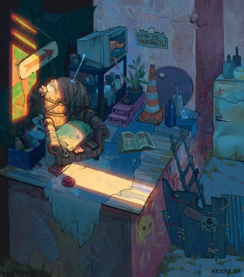 In the thematic interior, the chair is highlighted with light. In this area, a very contrasting combination of colors was obtained (orange, golden, pink, blue, green). And around all the other participants are shrouded in a purple-blue haze. Author: Daria Stepanova, course 2D pro.