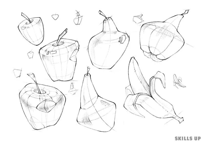 On the sheet there is a whole series of fruits. They form a pattern, their family is read visually as a single whole. Author: Alyona Mukhorryanova, sketching course.