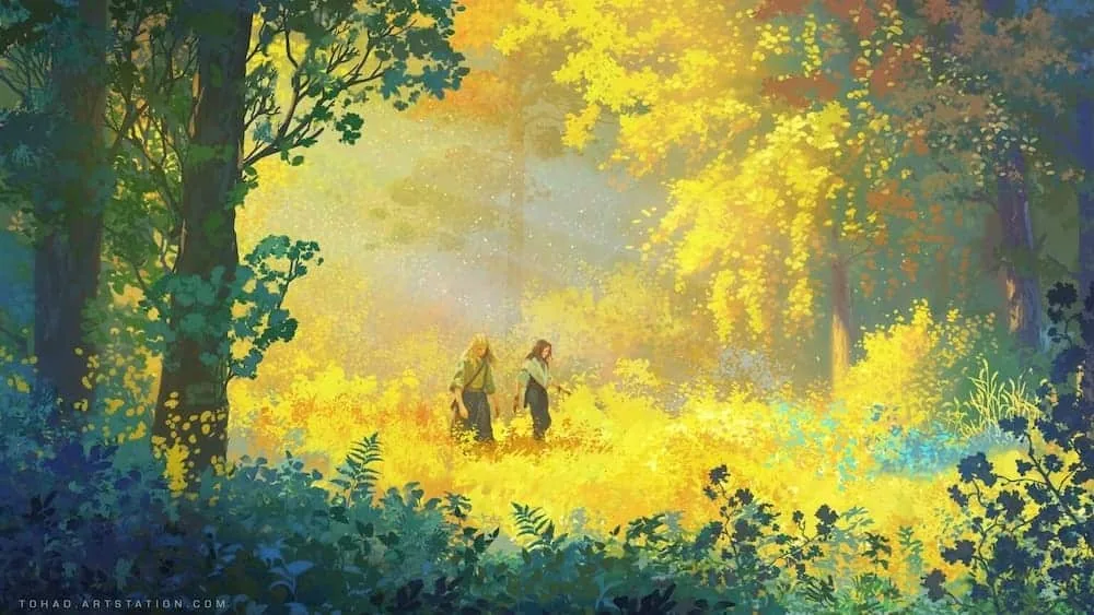 Work by artist Sylvain Sarrailh. Green, yellow, and orange colors are used.
