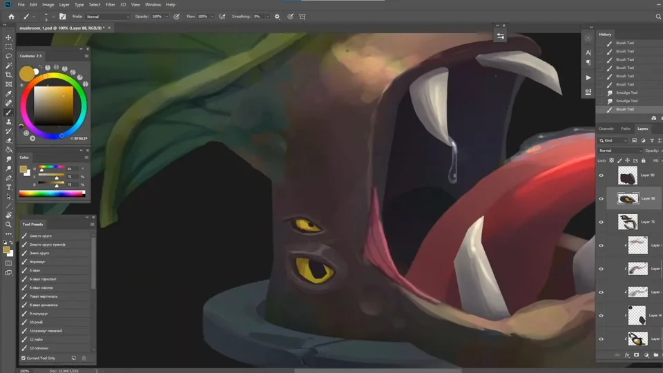 to make the mushroom look more predatory and not surprised, we remake its eyes.