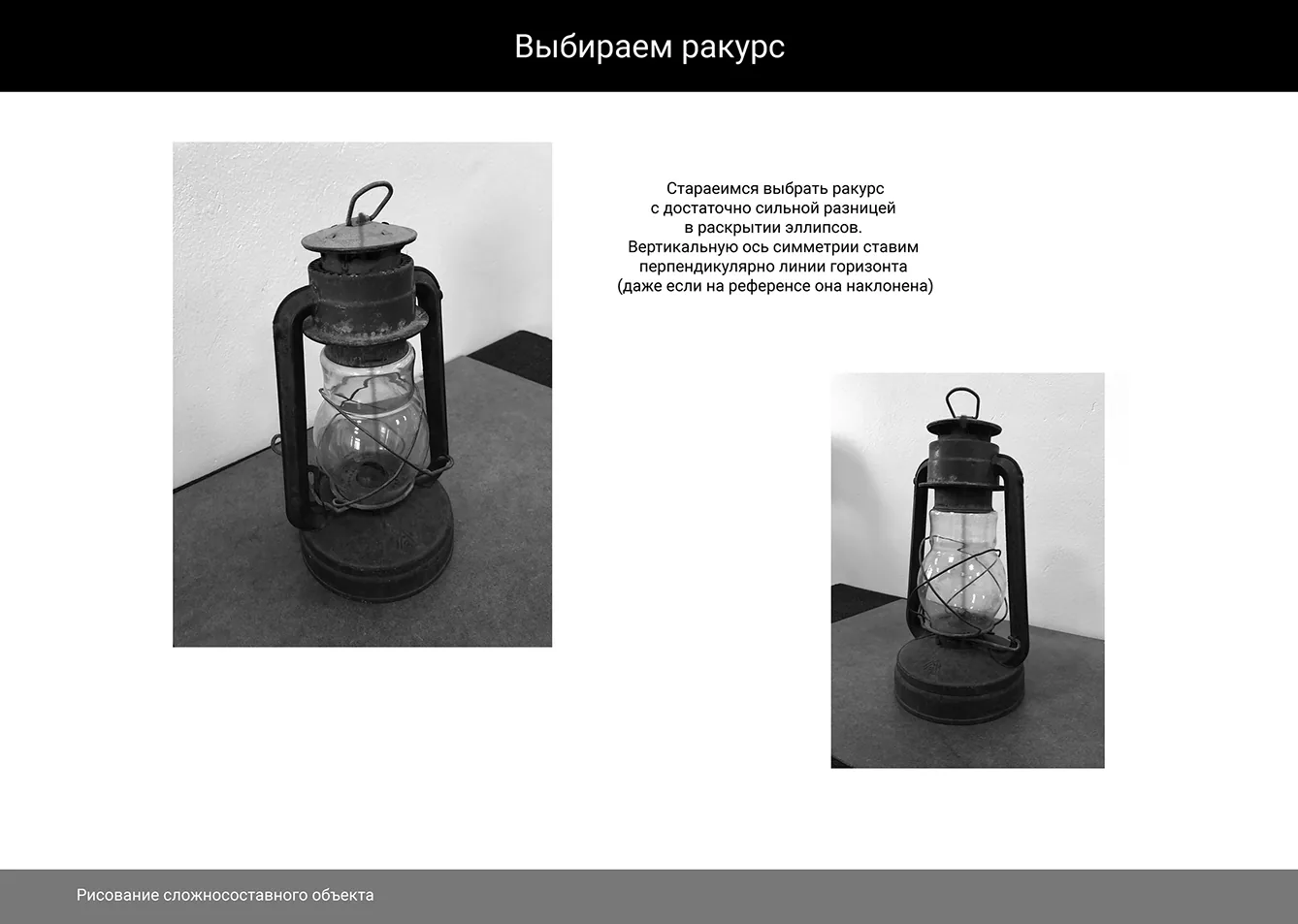 How to draw a kerosene lamp — 1. Determine the angle and axis of symmetry