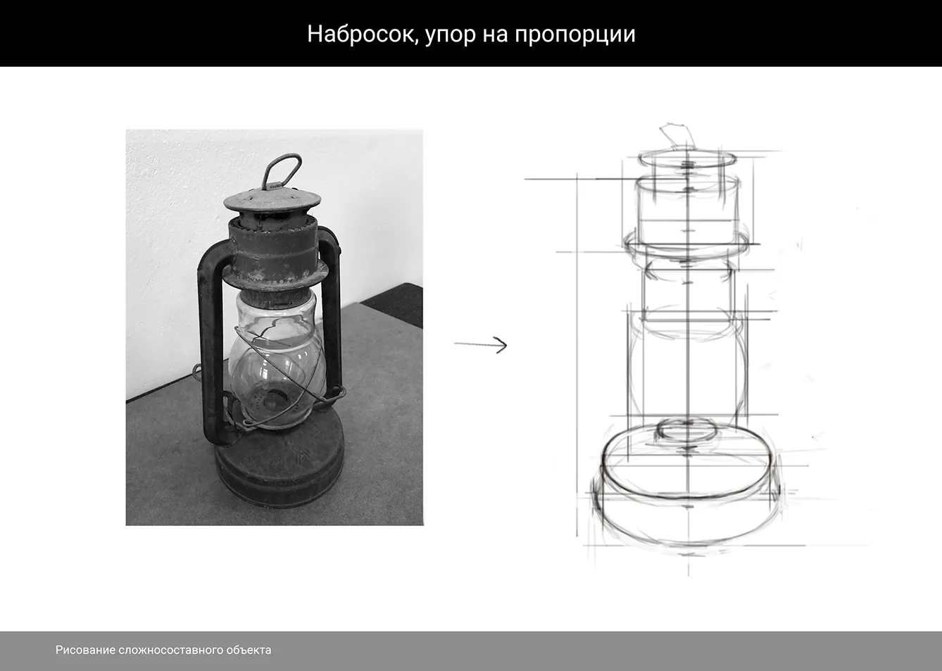 How to draw a kerosene lamp — 3. Work with proportions